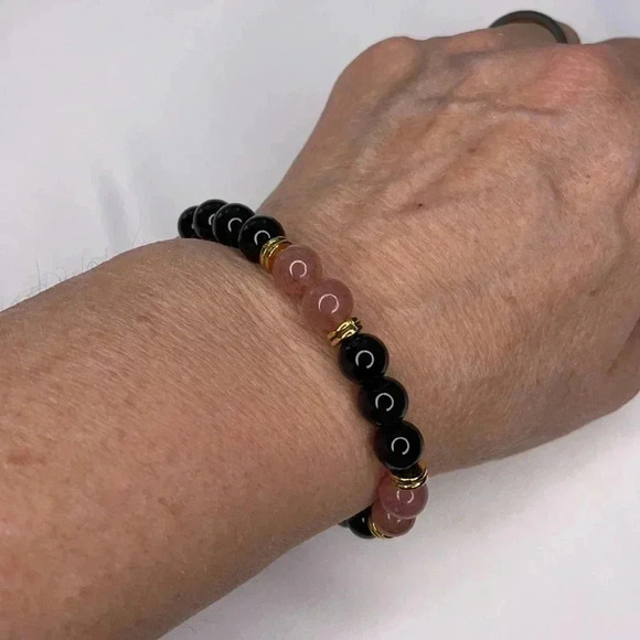 New Crystal Strawberry Quartz Black Tourmaline Stretch Bracelet Medium - Picture 6 of 6